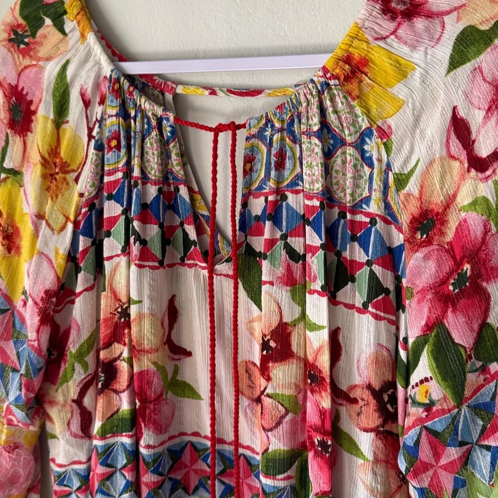 Desigual bright Carola floral boho chic peasant blouse top with beaded tassel - Picture 3 of 9